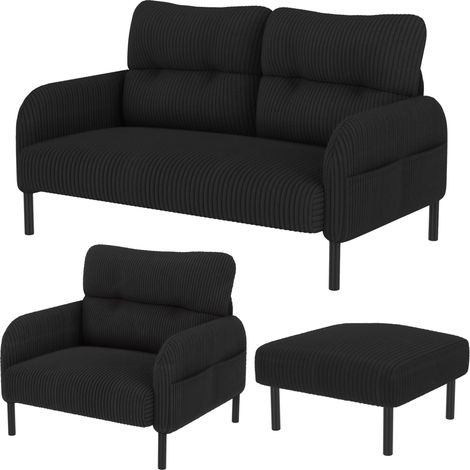 Set soggiorno 3 pezzi in tessuto effetto corda nero con divano a 2 posti poltrona e pouf (1/5)