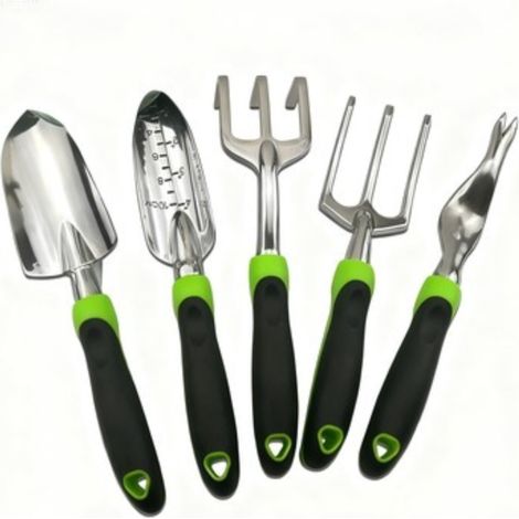 Set di cinque attrezzi da giardino rinforzati, realizzati in lega di magnesio e alluminio, colore argento.
