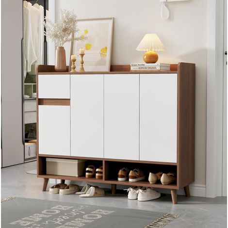 Credenza 120x35x99 cm in truciolare bianco e naturale con contenitore - MEUBLIV (1/5)