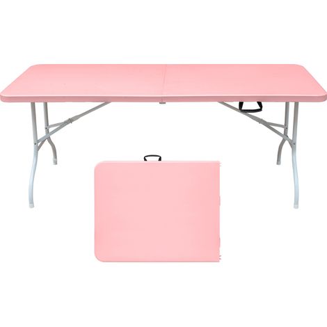 Mesa plegable portátil de 180 cm rosa, resistente, con asa, para camping y uso interior y exterior (1/5)