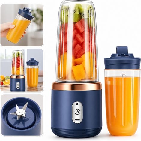 Mini Blender Portable Sans Fil Rechargeable pour Smoothies et Jus 2 Gobelets Plastique Bleu Marine 1200 mAh 22 x 10 x 13,5 cm pour Cuisine et Pique-nique (1/5)