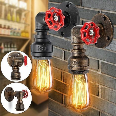 Rétro Vintage Industriel Edison E27 Applique Murale En Fer Applique Murale Tuyau D'eau Style Appliques Luminaire Maison Chambre Café Restaurant Porche Bar Décor AC110V-240V (laiton, sans ampoule) (1/2)