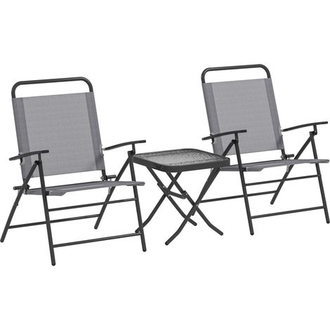 Set da Giardino 3 Pezzi Tavolo con Piano in Vetro e 2 Sedie Pieghevoli Grigio (1/5)