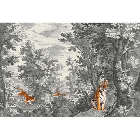 Papier peint panoramique nature tigres oranges Tapisserie panoramique paysage pour salon Papier peint panoramique forêt noir et blanc (1/2)