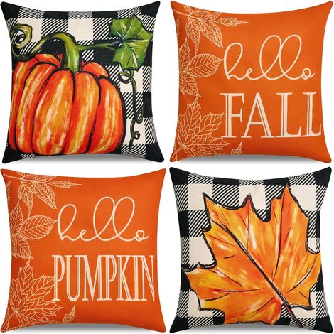 Lot de 4 housses de coussin d'automne 45 x 45 cm, motif citrouille, idéales pour Thanksgiving et les fêtes d'automne parfaites pour canapé, extérieur et décoration rustique. (1/5)