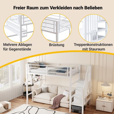 Mezzanine 90x200 cm blanc avec étagères, échelle et barrière de sécurité, espace de rangement sous le couchage, sans matelas (1/4)