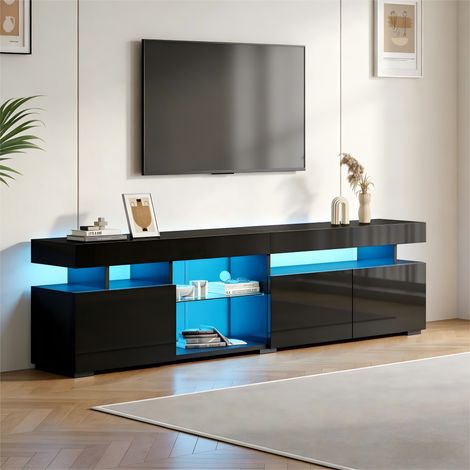 Meuble TV noir 180x35x45 cm, buffet bas laqué brillant avec 3 portes, étagères en verre trempé réglables, compatible TV jusqu'à 80 pouces, panneau de particules