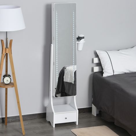 Mobile portagioie con specchio a figura intera, angolo regolabile, cassetto e supporto per asciugacapelli, 37x30x158 cm, bianco