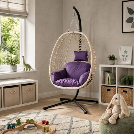 Indigo Rattan Hanging Egg Chair with Stand & Cushion for Indoor Use (1/5)