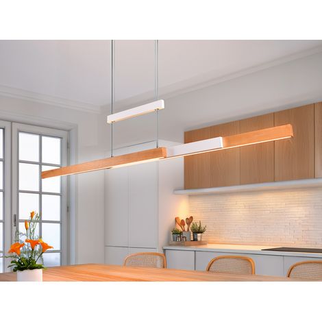 LED Pendelleuchte TRAJAN ausziehbar & höhenverstellbar Weiß Holz, Breite 150cm