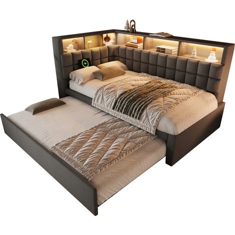 CHICFURN Cama nido tapizada 90x200 con cama extra 90x190, LED, altavoz Bluetooth, carga USB y Type-C, cabecero en L con almacenaje, gris (1/5)