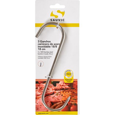 Confezione blister da 3 ganci da macellaio, lunghi 18 cm e spessi 5 mm, realizzati in acciaio inox 18/8.