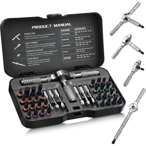 40-in-1 Ratschenschraubendreher-Set, magnetische Präzisionsschraubendreher mit abnehmbarem T-förmigem Ratschengriff und verschiedenen Bits, Aufbewahrungskoffer (1/4)