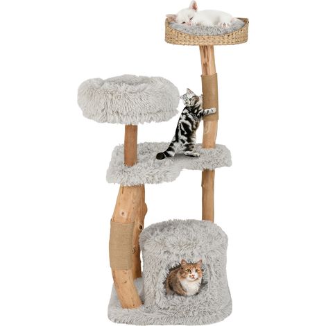 Arbre à Chat XXL 124 cm, Arbre à Chat Bois en Poireir, Design Tronc, 2 Poteaux à Griffer en Jute, 3 Plateformes, Tour pour Chaton à 5 Niveaux, Gris (1/5)