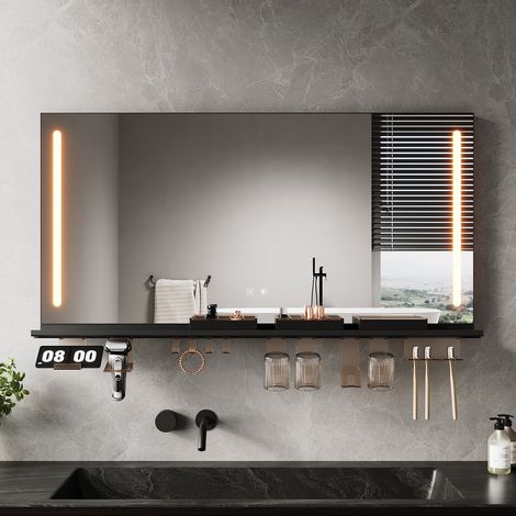 SIRHONA Anti-Fog Mirror lumineux de salle de bain with avec support de rangement, réglable en 3 couleurs, élégant et pratique, 120x60cm