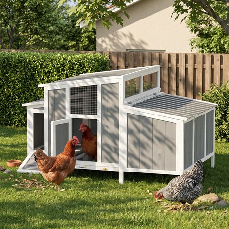 Poulailler en bois avec porte verrouillable, pondoir et toit imperméable en PET pour 3 à 4 poules, 145 x 90 x 92 cm, gris (1/5)
