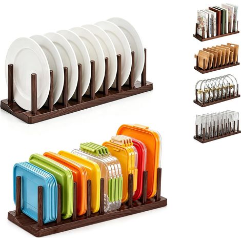 Juego de 2 organizadores para armarios de cocina de 35,6 cm, para guardar tapas, recipientes y sartenes, escurridor de platos para tablas de cortar, utensilios de cocina y libros. (1/5)