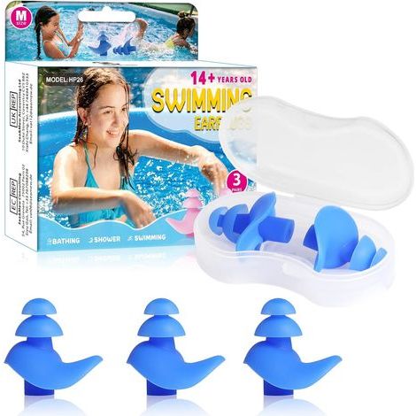 [3 Paires] Bouchons d'oreilles de Natation, Bouchons d'oreille en Silicone étanches pour Enfants et Adultes pour les Nageurs, Douche, Piscine et Autres Sports Nautiques (Bleu) (1/5)