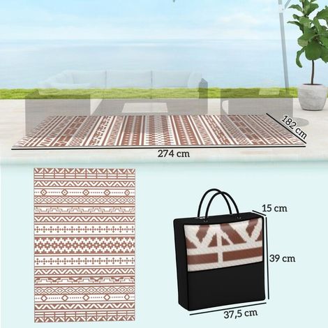 Tapis extérieur 1,8x2,7m PP rouge blanc, motif géométrique sac transport (1/4)