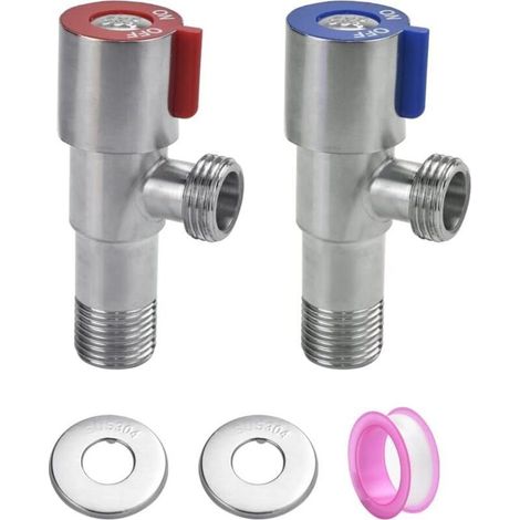 2 PCS Vanne d'Angle de Robinet en Acier Inoxydable 304 Vanne de Régulation d'Angle Métallique Robinet d'Équerre Universel avec Ruban Étanche pour Robinet de Lavabo, Toilette, Chauffe-eau (1/5)
