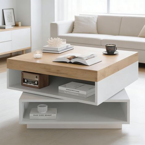 Table Basse Carrée Pivotante 360° avec LED et Rangement, Meuble de Salon Moderne en MDF, Blanc et Bois, 65x65x40cm