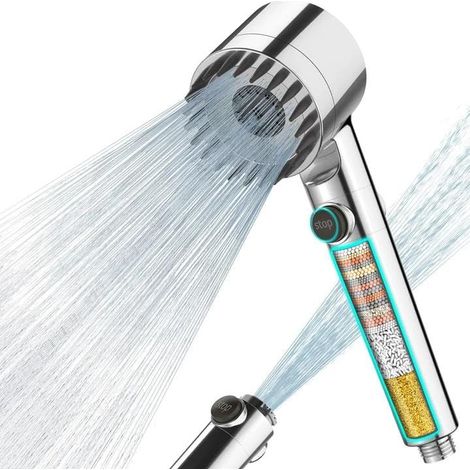 Pommeau de Douche Anti Calcaire avec 15 Étapes Filtre et avec Tuyau 1,5M, Filtre Douche 3 + 1 Types de Jets Pommeau Économie Deau Haute Pression-Argent Chromé (1/5)