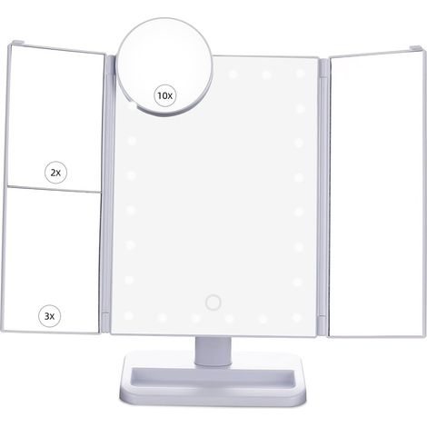 MINKUROW Led Dreifach Schminkspiegel – Faltbarer Tischspiegel mit Zwei Leistungsmodi – 1x/2x/3x/10x Vergrößerung (Weiß) (1/5)