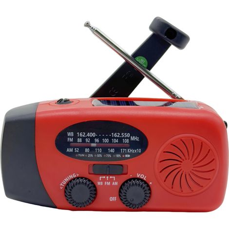 Radio solaire d'urgence rouge – Autonome avec lampe torche LED – Rechargeable par USB, solaire et manivelle – Batterie 2000 mAh (1/5)