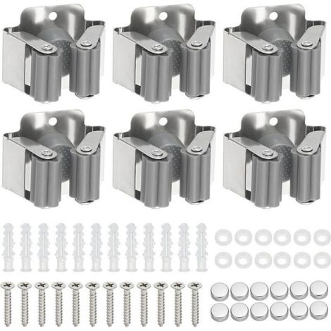 Support mural 6 pièces pour balai, porte-outils et porte-serpillère, idéal pour salle de bain, cuisine, bureau, placard, jardin et garage. (1/4)