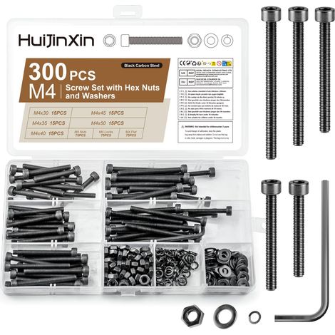 300 PcsVis M4, Vis à Tête Cylindrique à Six Pans Creux, Vis à Tete Bombée et écrous, boulons à tête hexagonale et écrous en Noires, boulon avec écrou rondelles (1/5)