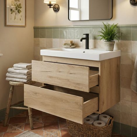 B-Way 79x50x45 cm mobile da bagno sospeso 2 cassetti con lavabo in ceramica, rovere opaco (BWAY280OAKU1BI)