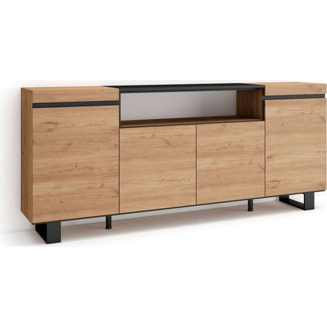 Aparador Adamuz de 200x87x35 cm con 4 puertas, diseño industrial, color roble y negro (1/4)
