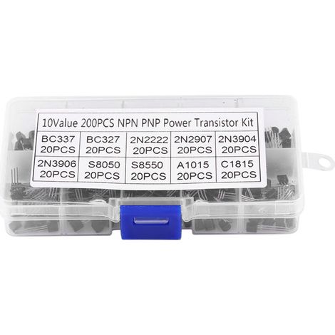 Assortiment de 200 transistors au silicium (10 valeurs) : BC337, BC327, 2N2222, 2N2907, 2N3904, 2N3906 (1/5)