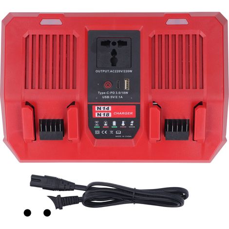 Caricabatterie a doppia porta da 18 V con inverter da 220 W, ingresso CA 50/60 Hz, uscita 18 V 5,0 A per batterie agli ioni di litio. (1/5)