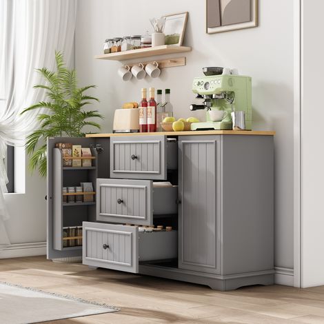 Credenza grigia con 3 cassetti e 2 ante, MDF, 126 x 40 x 86 cm DESVIAE (1/5)