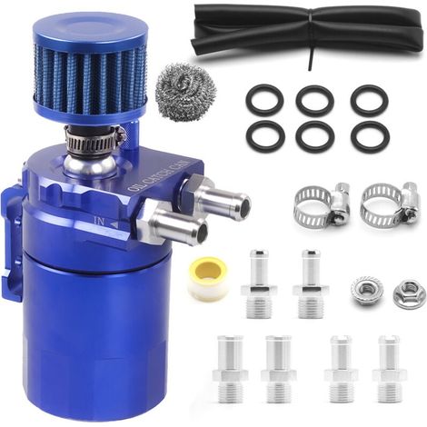 Car Oil Catch Tank Can,Récupérateur huile moteur,Aluminium Oil Storage Tank with Air Filter Spare Hose Accessories 300ml Tank (bleu) (1/4)