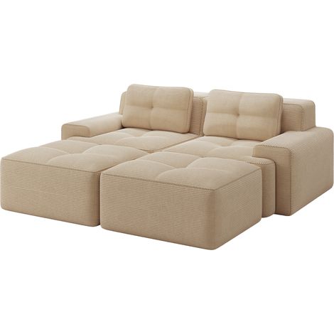 Divano modulare a U beige in velluto a coste, con ottomano, senza montaggio, 204 x 177 x 69 cm (1/5)