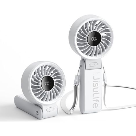 Ventilador portátil de mano con pantalla LED [19,5 horas de enfriamiento máximo] 5000 mAh, plegado a 150°, 5 velocidades, cordón ventilador 3 en 1 para mano, escritorio y cuello - Gris (1/5)