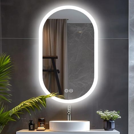 Espejo de baño iluminado de 60 x 90 cm con LED, 3 modos de luz, regulable, antivaho, IP44