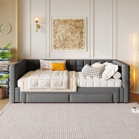 GUTENT Lit gigogne 90x200 cm velours gris canapé-lit 1 place avec 2 tiroirs MDF sans matelas