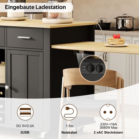 Îlot de cuisine escamotable avec plan de travail coulissant, table roulante de rangement avec 3 tiroirs, 136(223)x50x93cm, porte-bouteilles, prise USB et 7 roulettes, noir chêne (1/5)