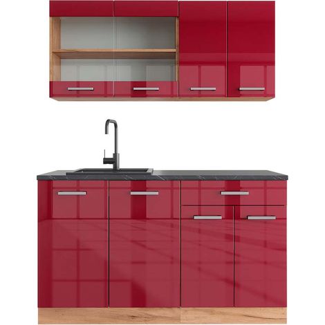Singleküche R-Line, Bordeaux Hochglanz/Goldkraft Eiche, 140 cm , AP Anthrazit, Vicco