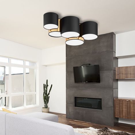 Deckenleuchte Stoff 81 cm lang Schwarz Gold 5x E27 Modern Deckenlampe Wohnzimmer
