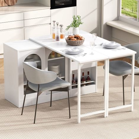 Table de bar moderne blanche extensible et pivotante à 360°, avec rangement et porte vitrée, table réversible pour cuisine ou coin. (1/5)