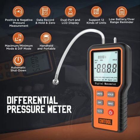 Manomètres Différentiel Manomètre Numériques Manomètre Portable Double Port Manomètre de pression avec 12 unités sélectionnables Manomètre de gaz pour le chauffage, la ventilation et la climat (1/3)