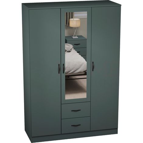 Riano 3 Door 2 Drawer Mirrored Wardrobes With Hanging Rail & Shelves, Green