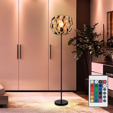 LED Stehlampe Schwarz Gold Stehleuchte dimmbar mit Fernbedienung Wohnzimmerlampe Blätter Design Kristalle, RGB Farbwechsel, 4W 470lm warmweiß, DxH 40x157 cm