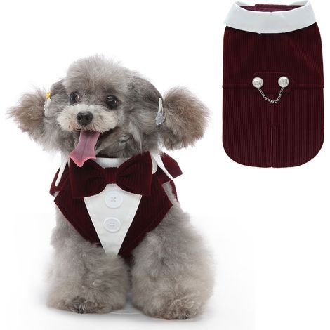 1 costume smoking pour chien et chat, nœud papillon ajustable, rouge, polyester, pour mariage ou fête (1/5)