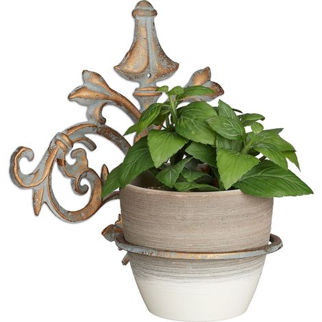 Relaxdays Set of 4 Baroque Wall Flower Racks, Cast Iron, Vintage Outdoor Flower Pot Holder, Ø 13.5 cm Rings, Gold-Grey