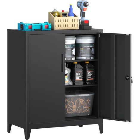 Metal Storage Cabinet, Lockable Garage Cabinet with 2 Shelves, Office Storage Cabinet with Adjustable Shelves for Office, Garage and Laundry Room, 40 x 80 x 100 cm, Black (1/5)